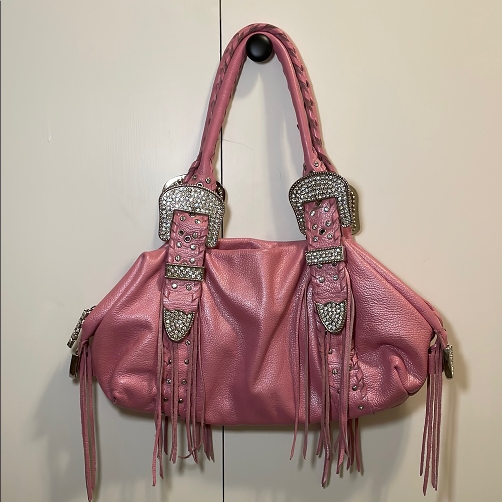 Western Pink Leather Handbag with Silver Rhinestone Accents